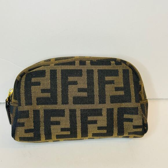 FENDI Zucca Mini Pouch Multi Case Canvas Leather Brown Zipper Authentic vintage - Picture 2 of 11